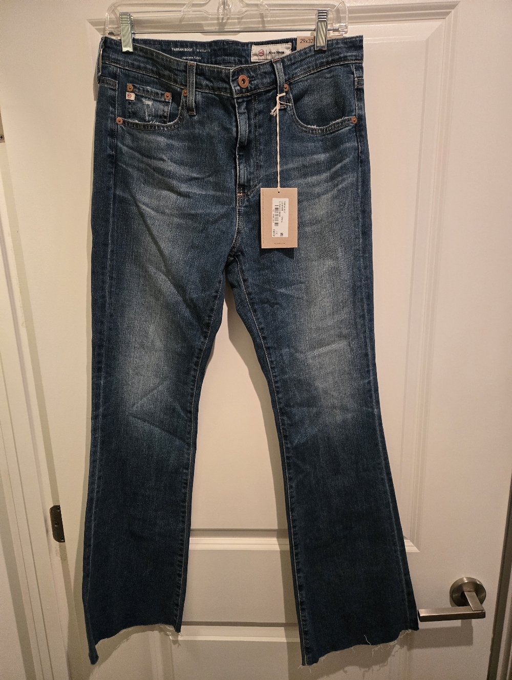 AG Farrah Boot Mid Rise Denim -Dark Wash Straight-Leg Jeans with Raw Hem